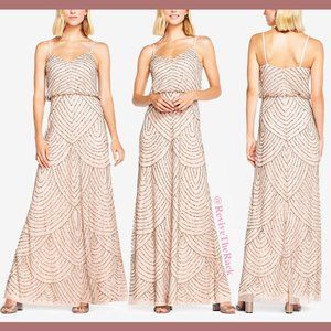 NEW Adrianna Papell Art Deco Beaded Blouson Gown in‎ Taupe Pink [SZ 8 ]